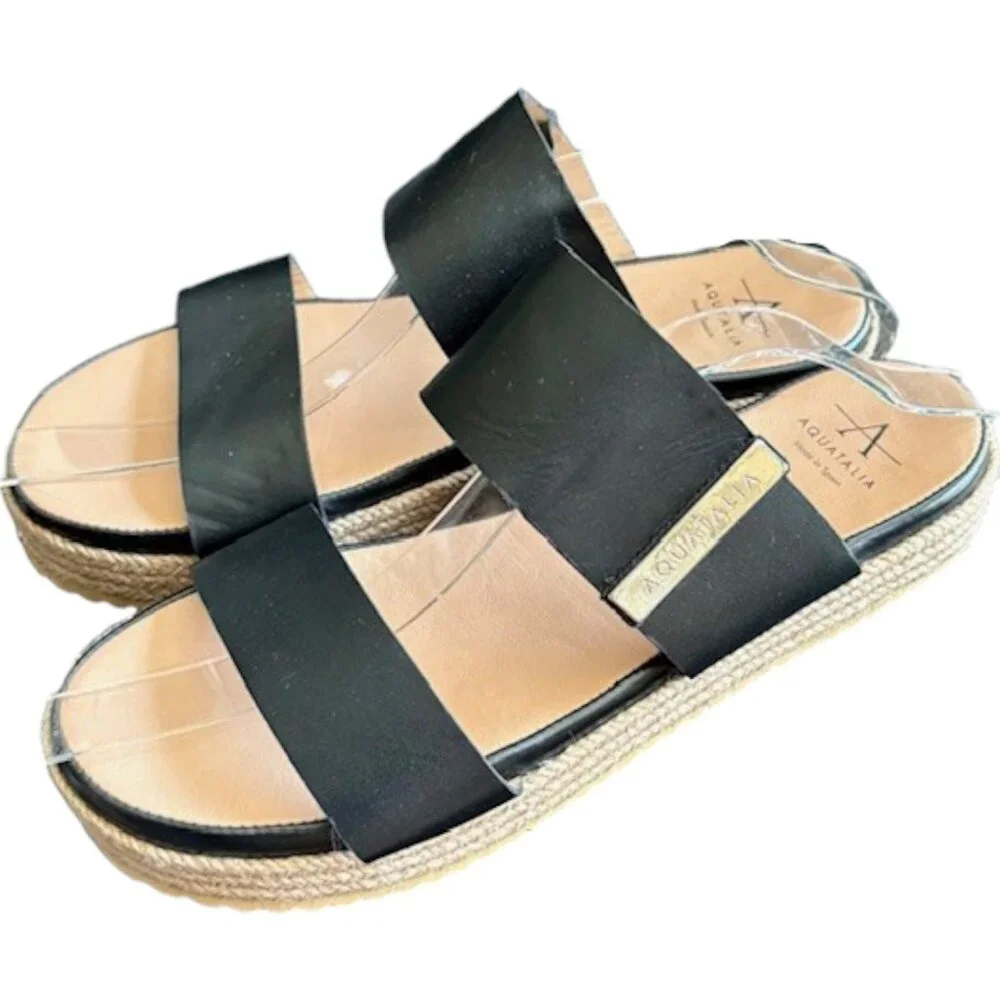Aquatalia Mae Espadrille Platform Sandals - Black and Natural - 8M